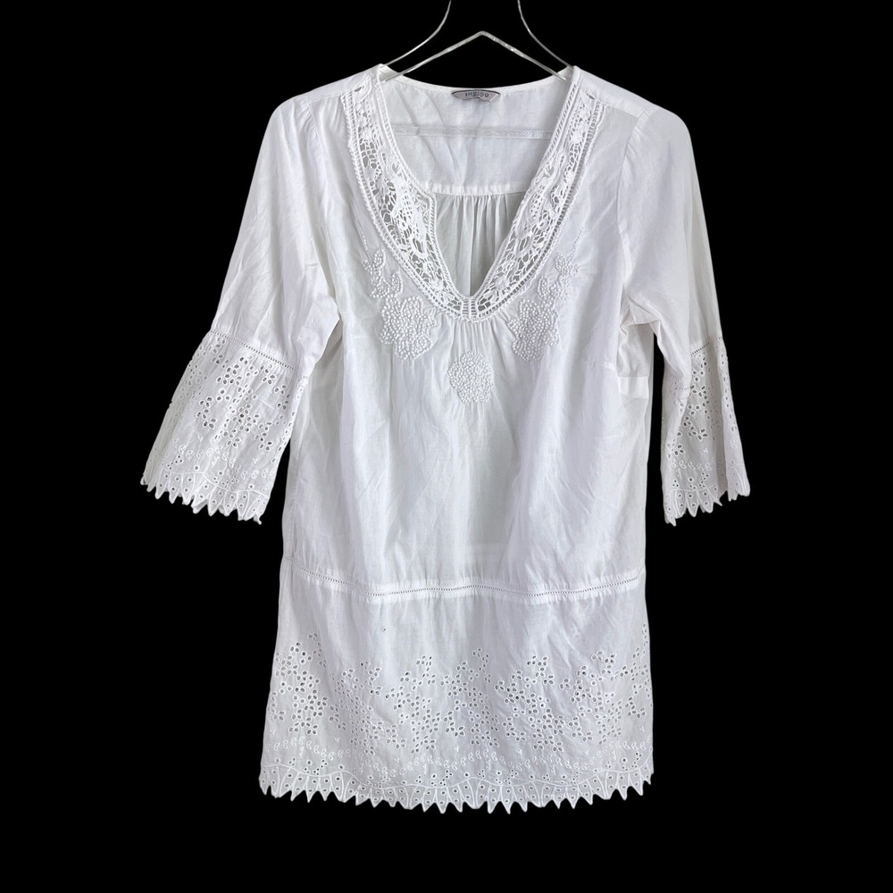 Indigo Collection Peasant Tunic Womens L White Eyelet Lace Embroidered Boho Top